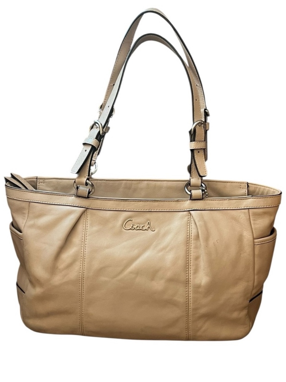 Coach Beige Leather Shoulder Tote Bag Silver Hardware Y2K Classic F17721